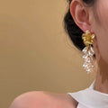 Elegant Vintage Pleated Flower Zircon Waterdrop Faux Pearl Drop Earrings For Women view 4