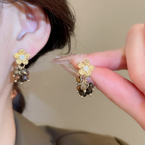 Tiger Eye Stone Zircon Flower Tassel Drop Earrings With Silver Pins Maillard Style