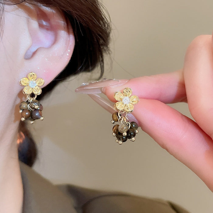 Tiger Eye Stone Zircon Flower Tassel Drop Earrings With Silver Pins Maillard Style