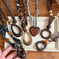 Ethnic Style Acrylic Oval Heart Pendant Sweater Necklace With Printed Fabric And Wooden Beads view 3