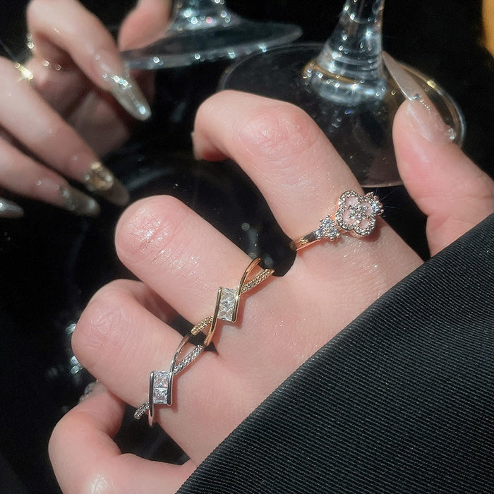 Sparkling Zircon Flower Cross Open Copper Ring, Light Luxury Minimalist Statement Jewelry