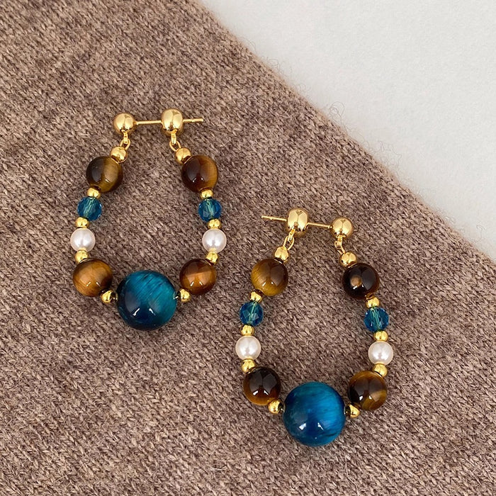 Vintage Tiger Eye Stone Pearl Crystal Beaded Round Geometric Drop Earrings With Silver Pins