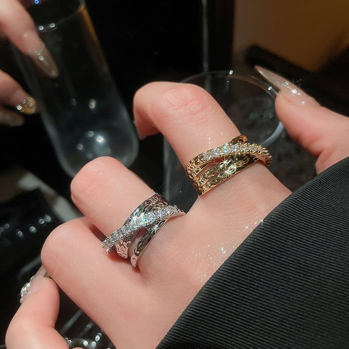 Light Luxury Copper Zircon Three Layer Cross Open Ring Geometric Adjustable Finger Jewelry