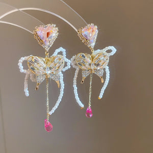 Sparkly Rhinestone Butterfly Pearl Tassel Crystal Heart Drop Earrings For Women