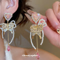 Sparkly Rhinestone Butterfly Pearl Tassel Crystal Heart Drop Earrings For Women view 2
