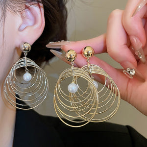European Style Geometric Round Faux Pearl Multi Layer Pendant Drop Earrings For Women