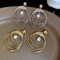 European Style Geometric Round Faux Pearl Multi Layer Pendant Drop Earrings For Women view 2