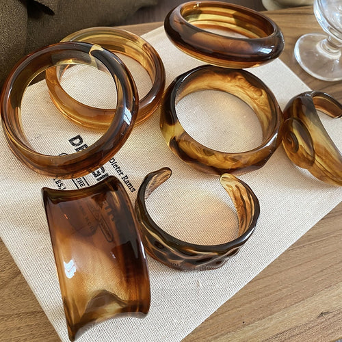 Vintage Acrylic Marbled Geometric Round Open Bangle Ethnic Style Women's Bracelet