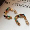 Ethnic Vintage Copper C-Shaped Stone Beaded Geometric Stud Earrings for Women view 2