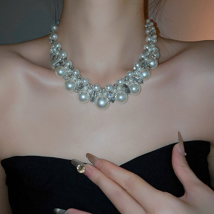 Sparkling Rhinestone Faux Pearl Round Beaded Necklace French Elegant Light Luxury Choker