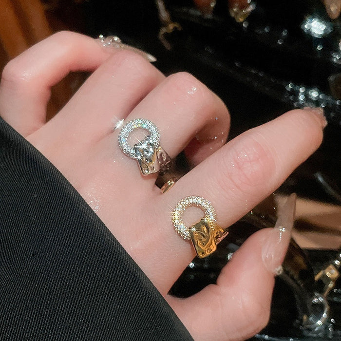 Sparkling Zircon Geometric Circle Open Copper Ring Minimalist Light Luxury Index Finger Jewelry