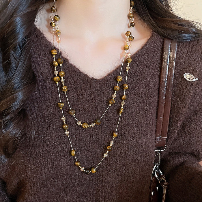 Vintage Tiger Eye Beaded Crystal Layered Sweater Necklace, Maillard Style Round Geometric Design