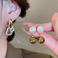 Vintage Pearl Tiger Eye Stone Round Geometric Maillard Style Drop Earrings view 2
