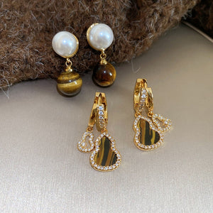 Vintage Pearl Tiger Eye Stone Round Geometric Maillard Style Drop Earrings