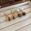 Vintage Pearl Tiger Eye Stone Round Geometric Maillard Style Drop Earrings view 3