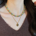 French Vintage Tiger Eye Oval Pearl Beaded Copper Sweater Necklace For Women, Geometric Collar Chain view 3