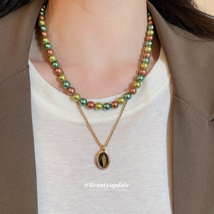 French Vintage Tiger Eye Oval Pearl Beaded Copper Sweater Necklace For Women, Geometric Collar Chain