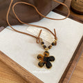 Boho Maillard Stone Tiger Eye Beaded Resin Heart Pendant Sweater Necklace With Leopard Print Floral Charm view 3