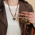 Boho Maillard Stone Tiger Eye Beaded Resin Heart Pendant Sweater Necklace With Leopard Print Floral Charm view 2