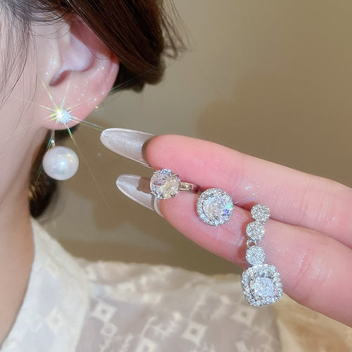 Light Luxury Copper Geometric Round Pendant Drop Earrings With Sparkling Zircon For Women