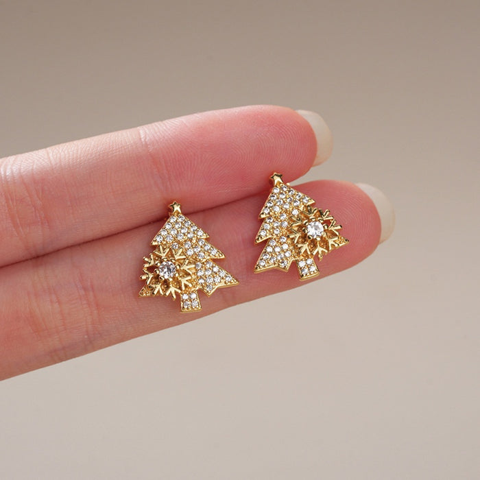 Light Luxury Princess Sparkling Christmas Tree Stud Earrings With Snowflake Winter Romantic Jewelry