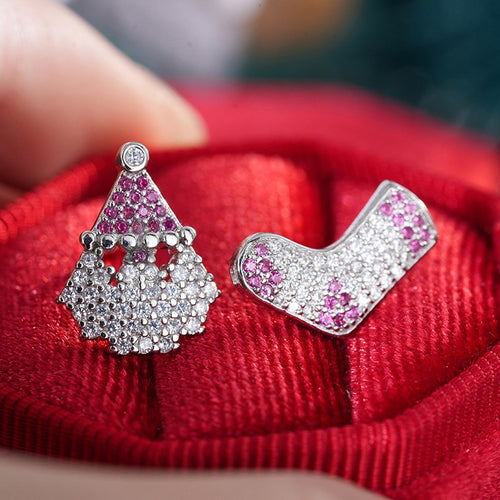 Asymmetric Santa Claus Stud Earrings With Wishing Stocking And Wax Set Zircon Christmas Jewelry