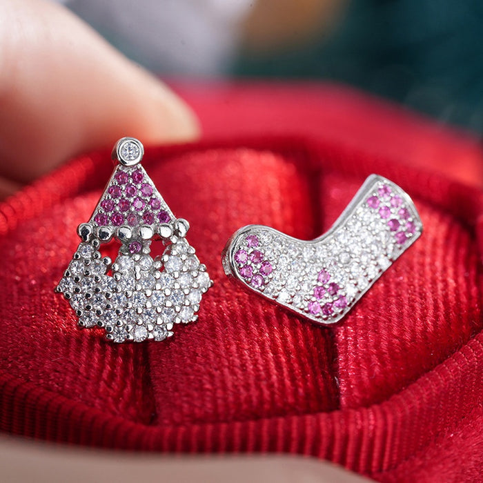 Asymmetric Santa Claus Stud Earrings With Wishing Stocking And Wax Set Zircon Christmas Jewelry