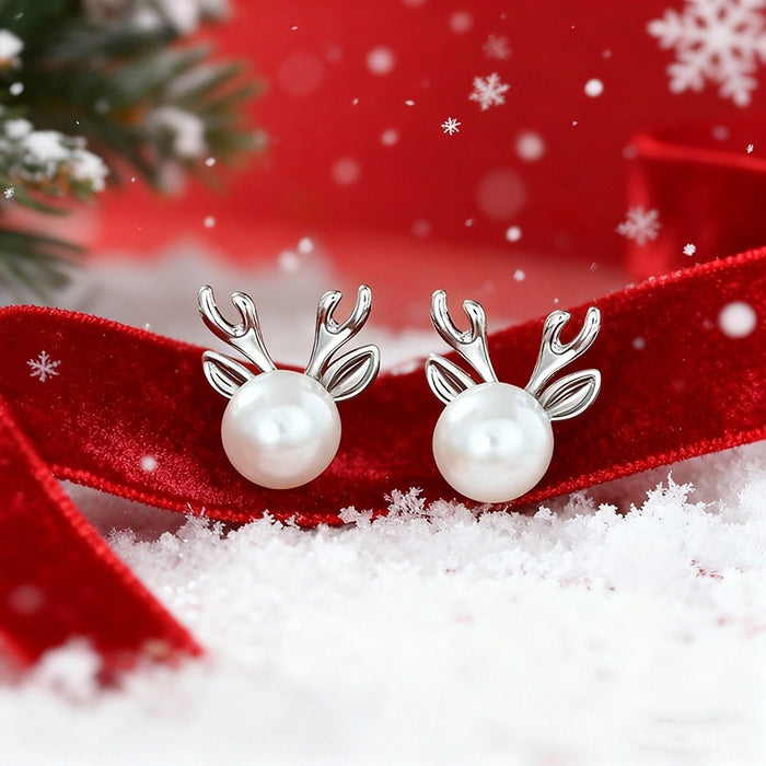 Korean Faux Pearl Deer Antler Stud Earrings For Women Gentle Christmas Princess Jewelry
