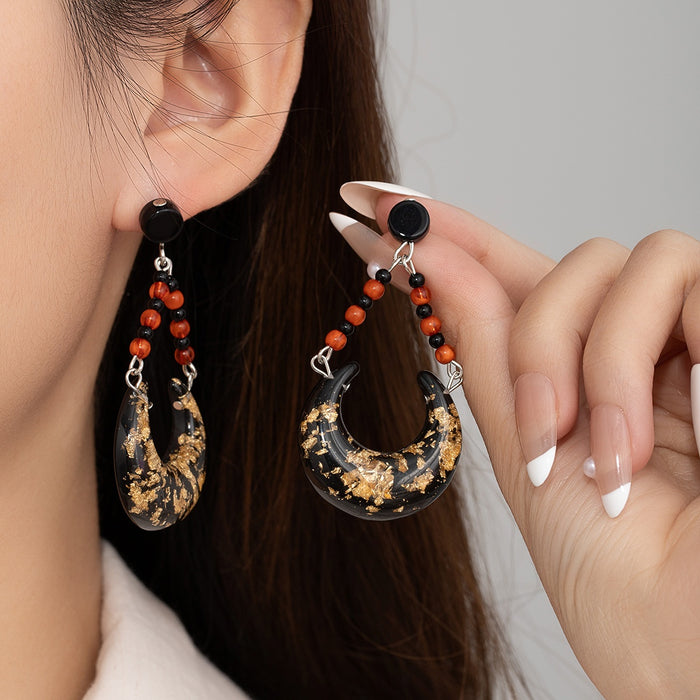 Vintage Chinese Style Black Gold Acrylic Crescent Moon Beaded Dangle Luxury Stud Earrings