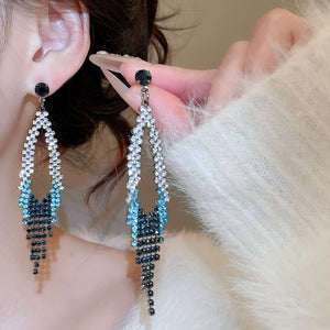 Light Luxury Copper Rhinestone Diamond Hollow Tassel Drop Earrings For Women