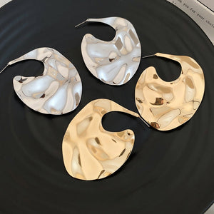 欧美风 Geometric Oval Iron Drop Earrings With Silver Pins Smooth Wrinkled Metal Minimalist Women's Jewelry