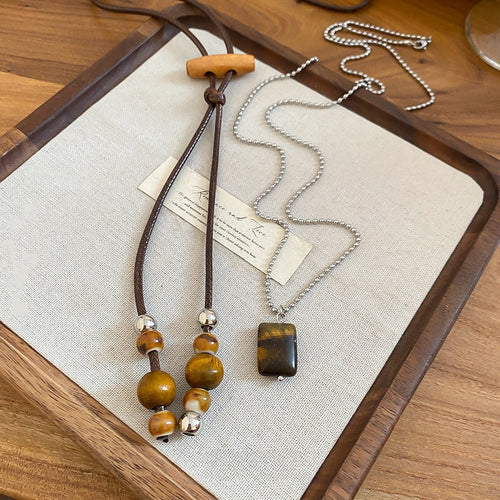 Vintage Ethnic Wood Beaded Geometric Pendant Tassel Sweater Necklace With Wax Cord