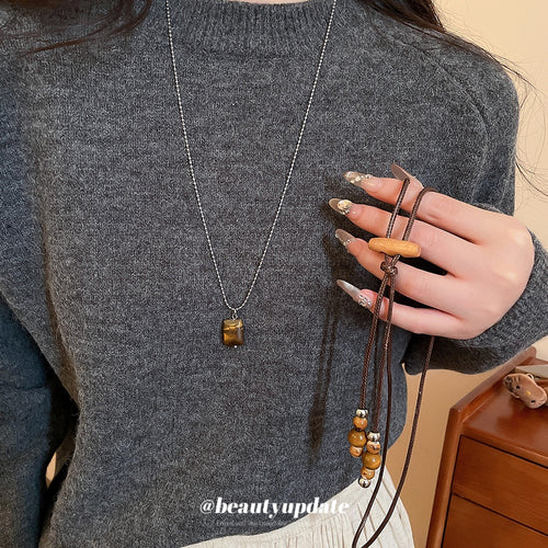 Vintage Ethnic Wood Beaded Geometric Pendant Tassel Sweater Necklace With Wax Cord