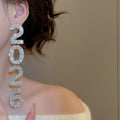 Alloy 2026 Number Rhinestone Tassel Drop Earrings With Silver Pins, Luxe Western Style view 4