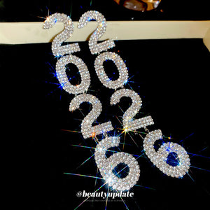 Alloy 2026 Number Rhinestone Tassel Drop Earrings With Silver Pins, Luxe Western Style