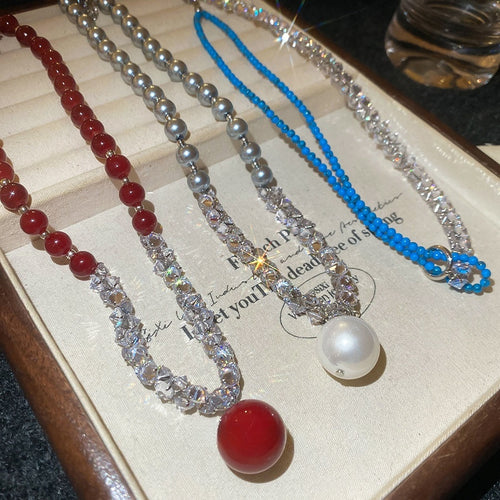 Light Luxury Zircon Pearl Stone Round Beaded Pendant Choker Necklace
