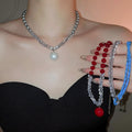 Light Luxury Zircon Pearl Stone Round Beaded Pendant Choker Necklace view 1