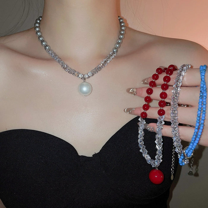 Light Luxury Zircon Pearl Stone Round Beaded Pendant Choker Necklace