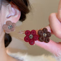 Rhinestone Inlaid Flocked Acrylic Flower Stud Earrings French Vintage Hong Kong Style view 2