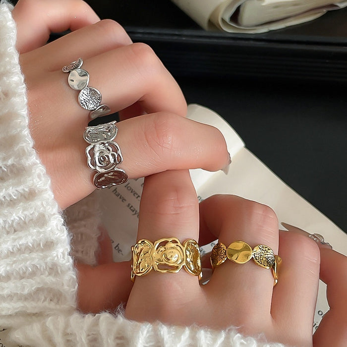 Copper Geometric Round Asymmetric Flower Open Ring For Women Minimalist Index Finger Jewelry
