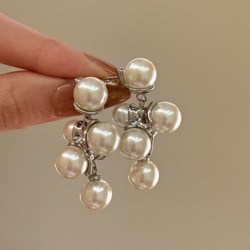 Elegant French Geometric Round Faux Pearl Pendant Drop Earrings With Silver Pin