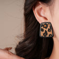 Metal Silver Needle Leather Leopard Print Floral Stud Earrings Vintage Palace Style view 4