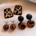 Metal Silver Needle Leather Leopard Print Floral Stud Earrings Vintage Palace Style view 1
