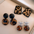 Metal Silver Needle Leather Leopard Print Floral Stud Earrings Vintage Palace Style view 3