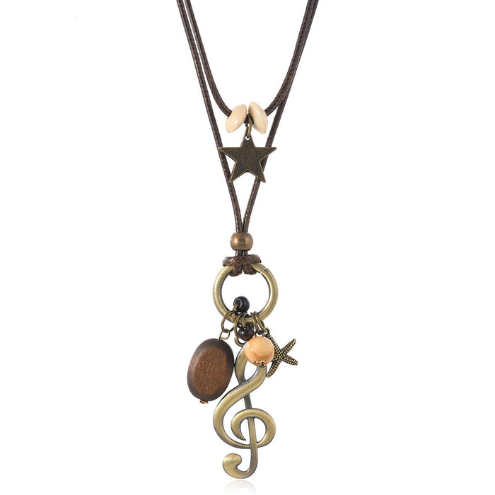 Vintage Western Long Double Layer Necklace With Music Note Pendant Bohemian Sweater Chain
