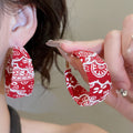 New Chinese Style Printed Fabric Round Hoop Earrings With Silver Posts Minimalist Fashion Jewelry view 4