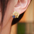Old Money Style Feather Leaf Stud Earrings With Oval Blue Sapphire Accent Designer Accessories view 3
