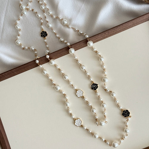 French Style Faux Pearl Round Flower Geometric Long Sweater Necklace For Elegant Light Luxury Looks