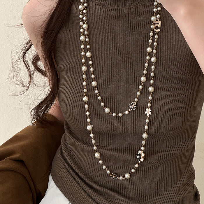 French Style Faux Pearl Round Flower Geometric Long Sweater Necklace For Elegant Light Luxury Looks