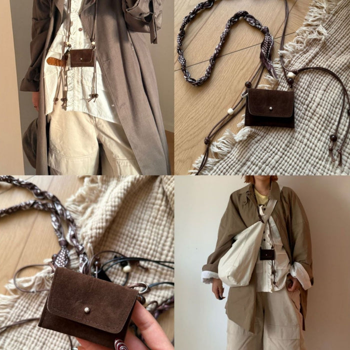 Vintage Maillard Fabric And Wooden Bead Necklace For Women Geometric Bag Waist Chain Accessory